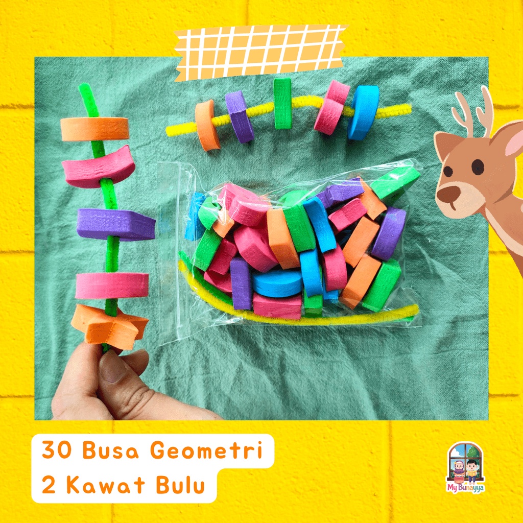 Busa Geometri - Spon Geometri - Meronce - Mainan Edukasi - Mainan Montessori - Pipe Cleaner - Warna-Warni