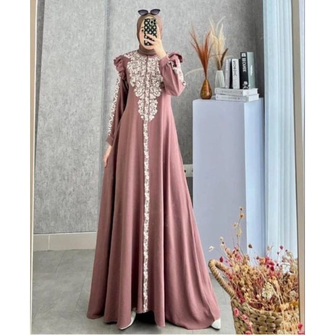 Baju Gamis Kekinian Delova Dress Kondangan Jumbo Busana Muslim Wanita Terbaru Busui Friendly Matt Crinkle AirFlow Aksen Bordir