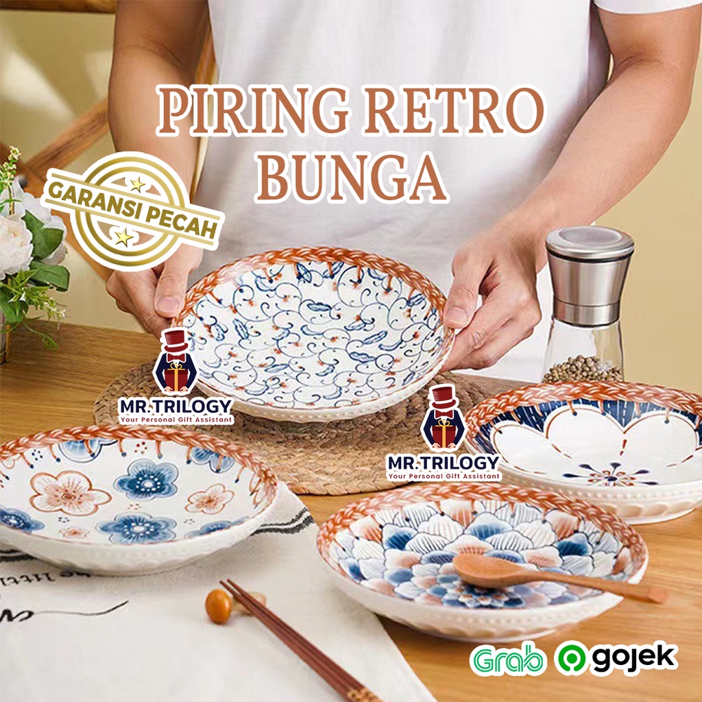 Piring Retro Motif Bunga 8 Inch Peralatan Makan Rose Microwave Plate