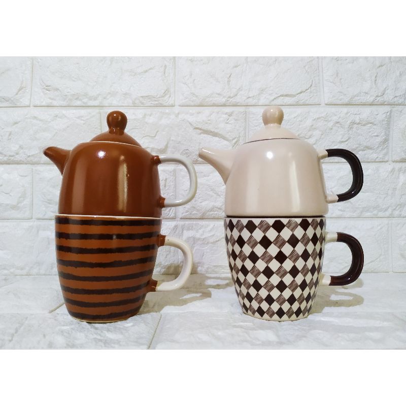 Delizioso Set 2 Pcs Teko & Cangkir Teh Plaid / Informa Teapot Set / Informa Plaid Tea / Teko Teh Set