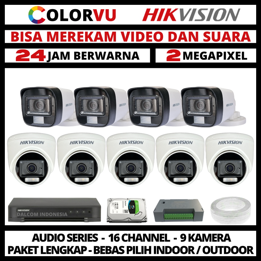 PAKET CCTV HIKVISION COLORVU 2MP 16 CHANNEL 9 KAMERA COLORFUL
