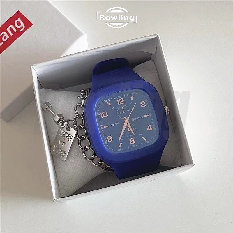 Rowling (Jam-70) Jam Tangan Rubber Quartz Kotak Besar Wanita Dan Pria Fashion Gaya Korea Unisex Import