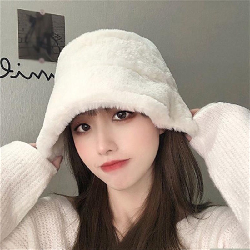 【COD Tangding】Topi Bucket Wanita Bahan Bulu Kelinci Warna Polos Gaya Korea Untuk Musim Dingin