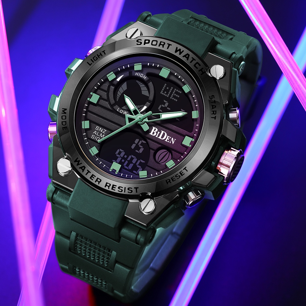 BIDEN Jam Tangan Pria Olahraga Militer Anti Air Luminous Analog&Digital Tali Silikon Multifungsi Jam Tangan Cowok Original-2