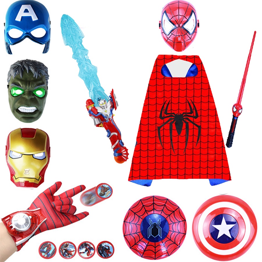 Spiderman Accessories: cosplay Toys mask, Shield, telescopic stick, cloak, card launcher