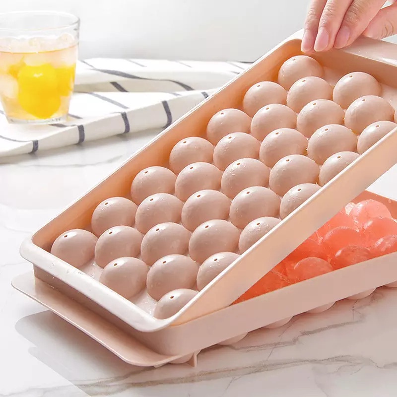 Cetakan Es Batu Bulat 33 Hole Grid Ice Cube Tray Cetakan Jelly Agar-Agar Coklat 33 Lubang Bulat Round dengan Tutup Tempat Es Batu Bulat Tutup Serbaguna