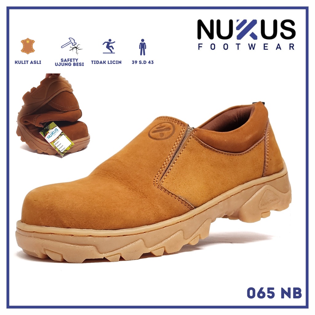 Nukus Sepatu Safety Pria Pendek Slip On Kulit Nobuk Asli Coklat Tan - 065