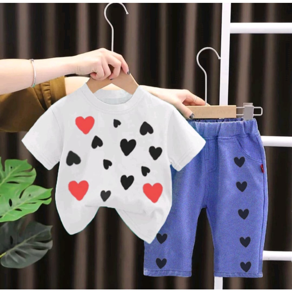 PROMO-SETELAN BAJU KAOS ANAK PEREMPUAN CELANA PANJANG DENIM MOTIF LOVE UMUR 1-5 TAHUN