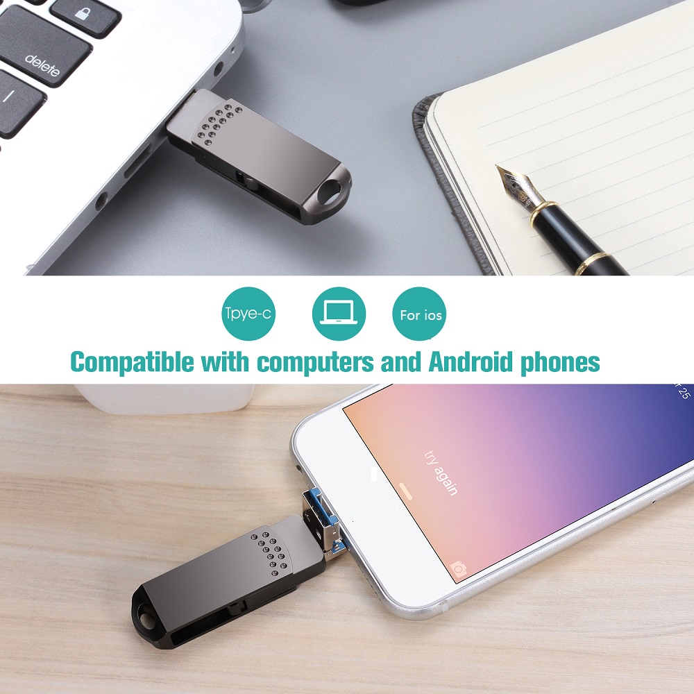 Hp 3in1 OTG USB Pendrive Flash Drive Eksternal Untuk iPhone / iPad / Komputer / Laptop / PC 1TB