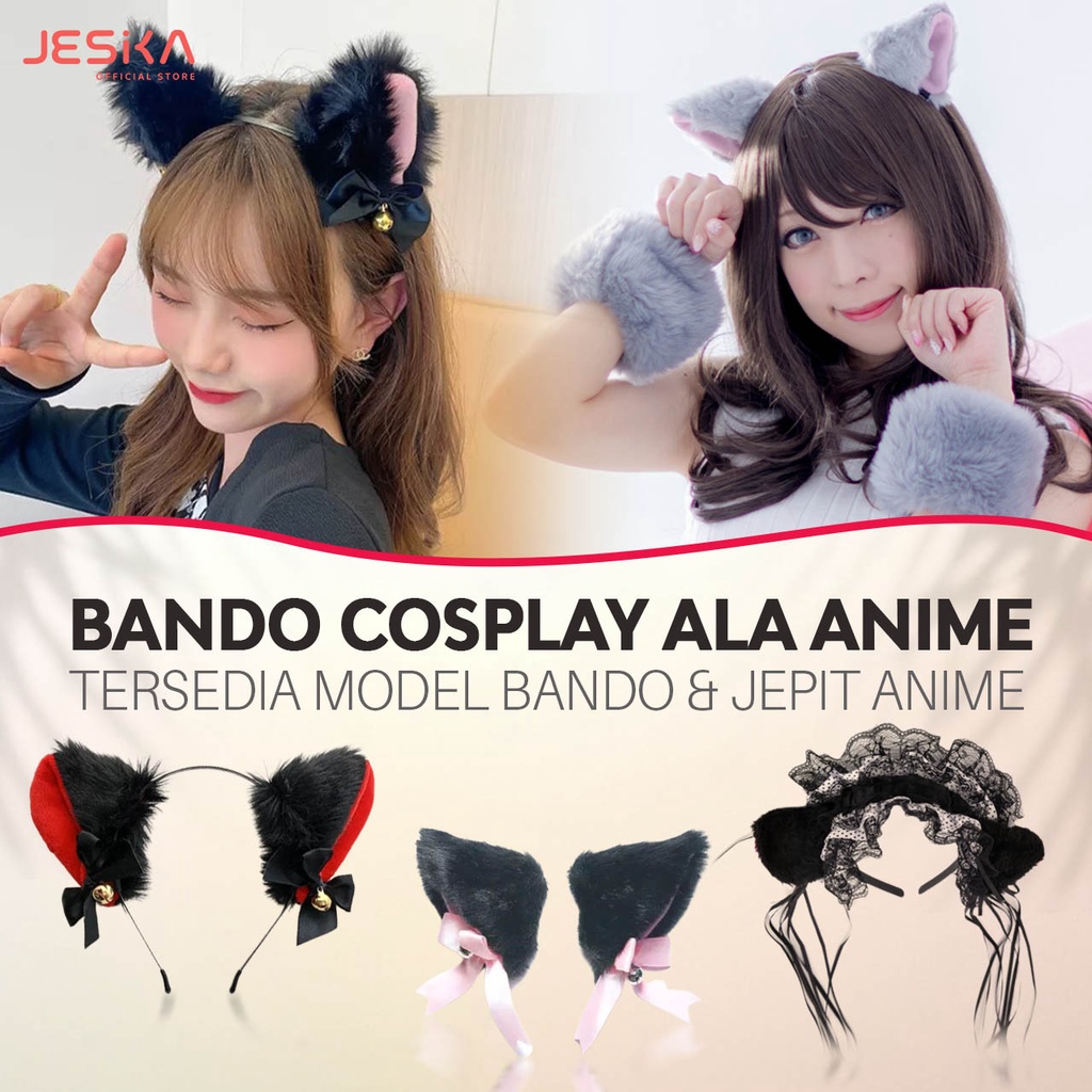 bando telinga kucing bulu cosplay anime wibu anak perempuan lucu wanita merah hitam nekomimi pita lonceng