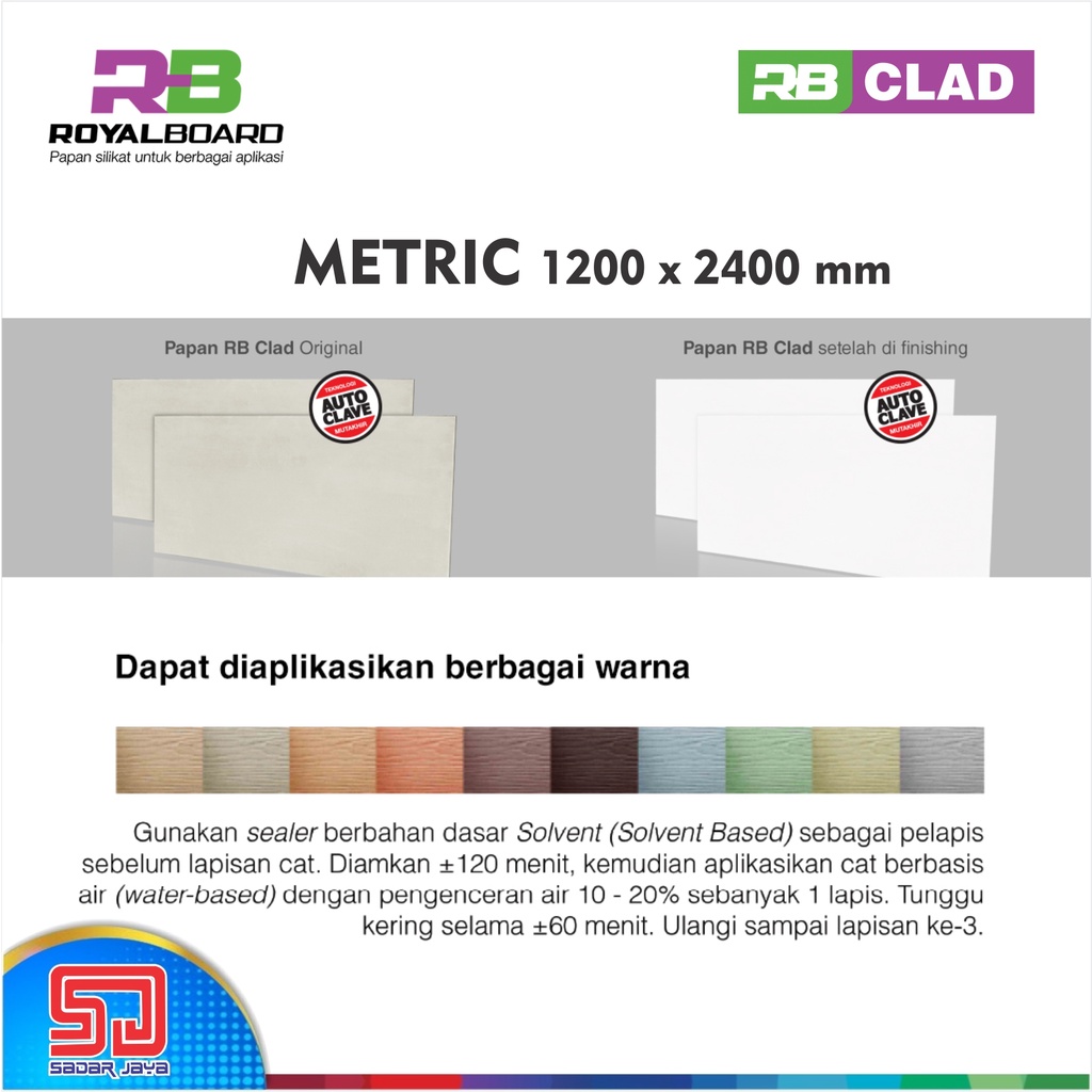 Royalboard Clad Metric Papan Silikat / Dinding Luar / Cladding / Partisi / GRC Sekat Lembaran 1,2m x 2,4m Tebal