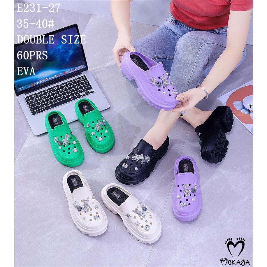Sepatu Slop Wedges Fuji Jelly Wanita Ban Motif Mainan Jibbitz Acrylic Bear &amp; Girl Candy Super Pretty Simple Kekinian Import Mokaya / Size 35-40 (E231-27 &amp; E231-271)