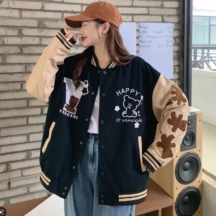 Jacket Baseball Varsity V Bear - Korean Style - Wanita Dan Pria - Bahan Fleece