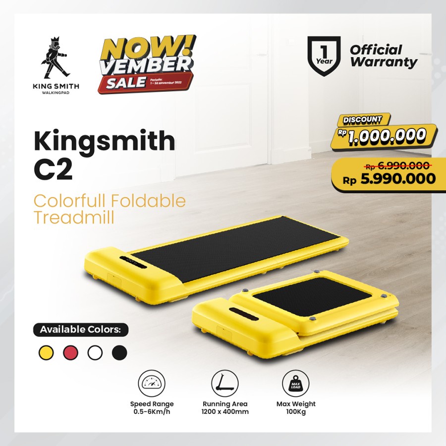 Kingsmith WalkingPad C2 Smart Colorful Foldable Treadmill - Biru, Putih, Hitam, Merah, Kuning
