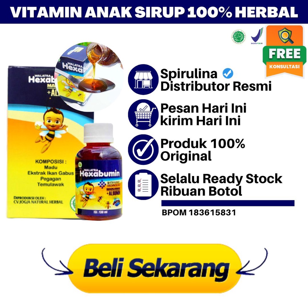 Vitamin Anak Sirup Vitamin Anak Penambah Nafsu Makan Vitamin Anak Untuk Kecerdasan Otak Anak Vitamin Anak 1 Tahun Vitamin Anak 2 Tahun Vitamin Anak 1-12 TahunMadu HEXABUMIN 100% HERBAL Aman di Konsumsi