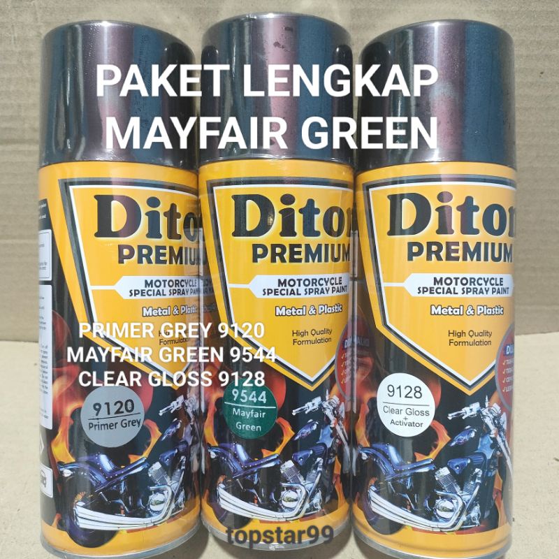 Pilok Cat Diton Premium Paket Lengkap 3 Kaleng Mayfair Green 9544 Hijau Primer Grey 9120 Clear Gloss 9128 400cc Pilok Paketan Cat Semprot Special Spray Paint