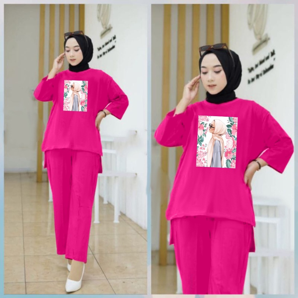 Setelan Tunik Girl Hijab Bunga Pink/Fashion Muslim Senyawa