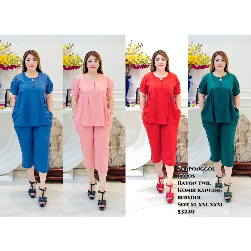 Stelan Jumbo 53220 26550 - Stelan Big Size - Stelan Wanita - Set Rayon Twill - Set CP - CP Kerah V -