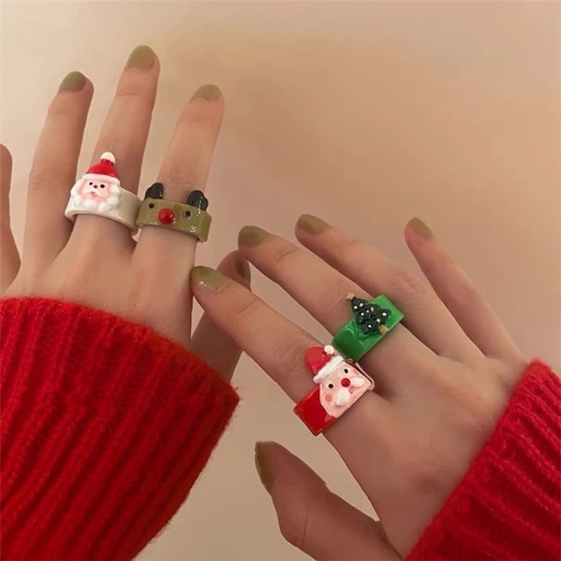 Cincin Desain Kartun Santa Elk Snowman Pohon Natal Bahan Resin Untuk Wanita