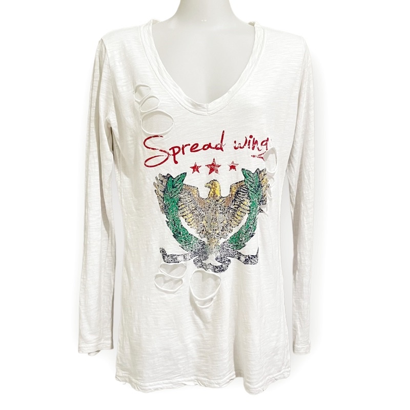 Kaos putih lengan panjang oversize ripped raider street style printed eagle sku A23