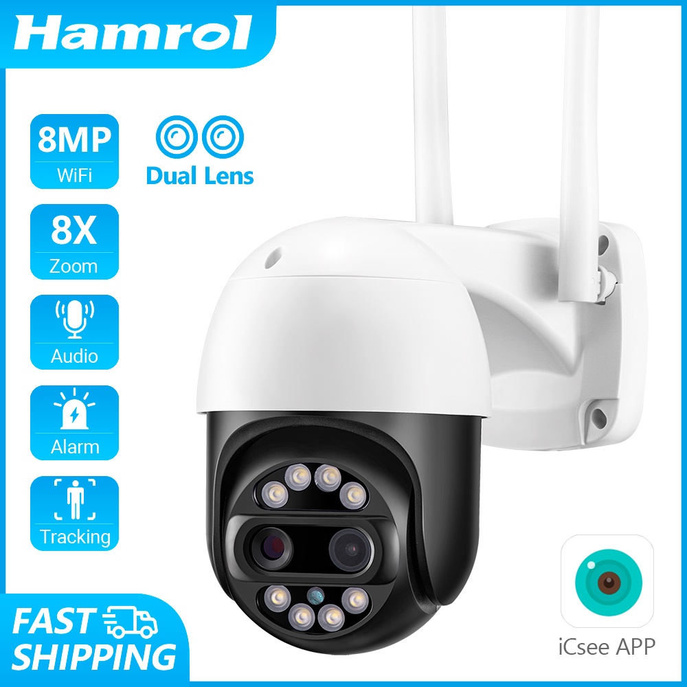 Hamrol New 4K 8MP Dual Lens 8X Hybrid Zoom PTZ Wifi IP Camera Outdoor AI Human Detection Audio CCTV Security Camera