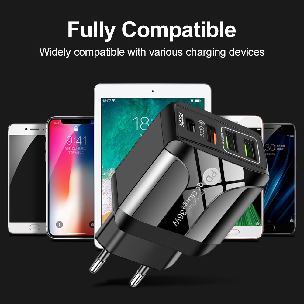 Adapter Charger Handphone Android Tipe-C QC3.0 + PD 4-port 36W 5V / 9V / 12V Untuk Travel