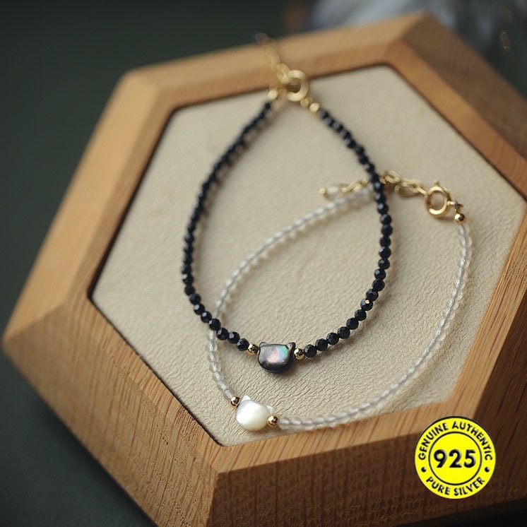 Gelang Tangan Rantai Adjustable Aksen Kucing Hitam + Kristal Untuk Wanita U1352