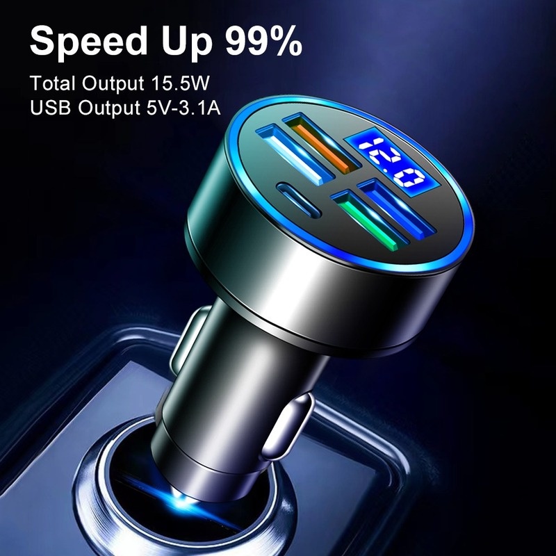 Adapter Charger Mobil 4 Port USB Tipe-C Fast Charging Bahan ABS Dengan Display Digital LED Untuk IPhone / Android