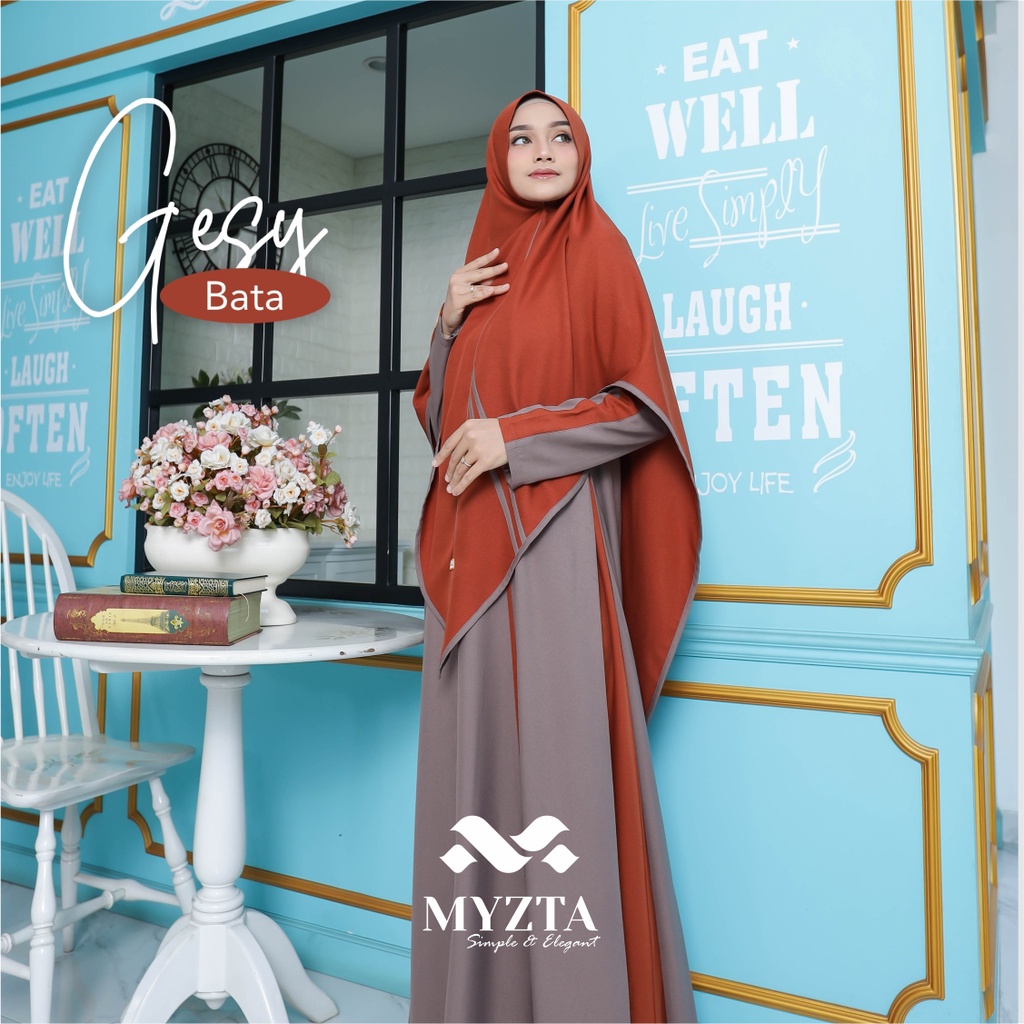 SET GAMIS GESY BY MYZTA INAYA FASHION DRESS BAJU BUSANA MUSLIM WANITA SYARI BUSUI POLOS WARNA BATA S