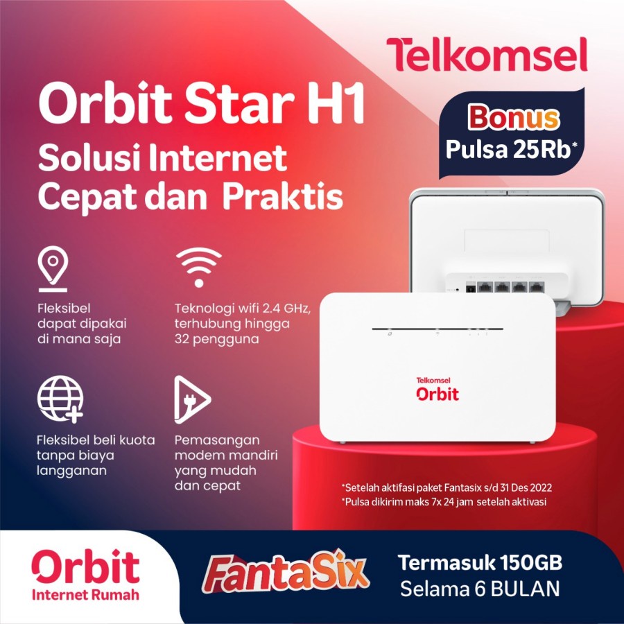 Telkomsel Orbit Star H1 Modem WiFi Router 4G Huawei Free Kuota 150GB