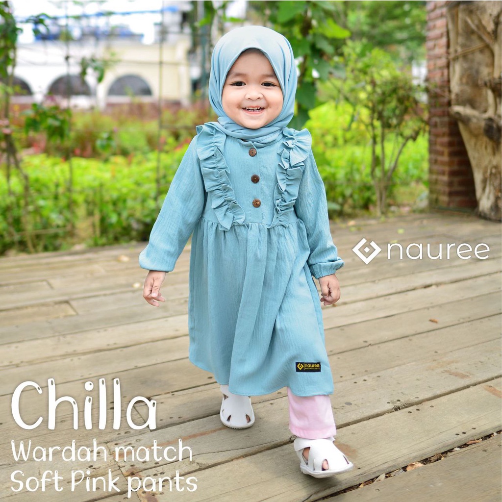 Nauree - Chilla Dress Anak Perempuan Bahan Rayon Crinckle Ukuran S M L Tidak Menerawang Tekstur Licin Halus Lembut Untuk Umur 1 2 3 4 5 6 Tahun Lengan Panjang Soft Premium Lembut Adem Dingin Nyaman