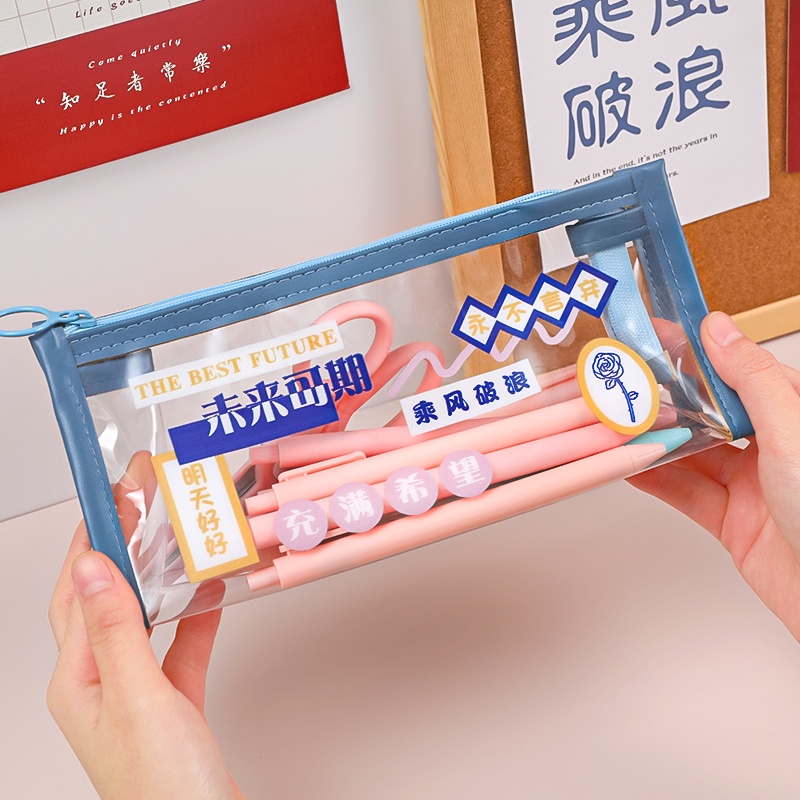 Kotak Pensil PVC Transparan Anti Air Seri Cina Inspiratif Dengan Resleting