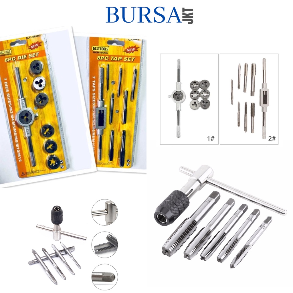 SET TAP DIE METRIX PEMBUAT DRAT HAND TAP M3 - M12 ADJUSTABLE SET 8IN1