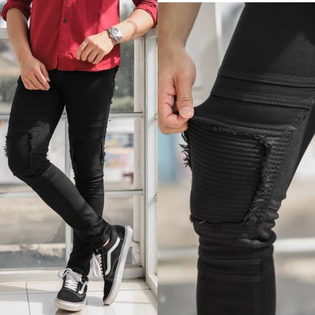 LEOPED - CELANA JEANS BIKERS SKINNY RIPPED PRIA BLACK WASHED TERLARIS - MAT SOTFJEANS -ORI