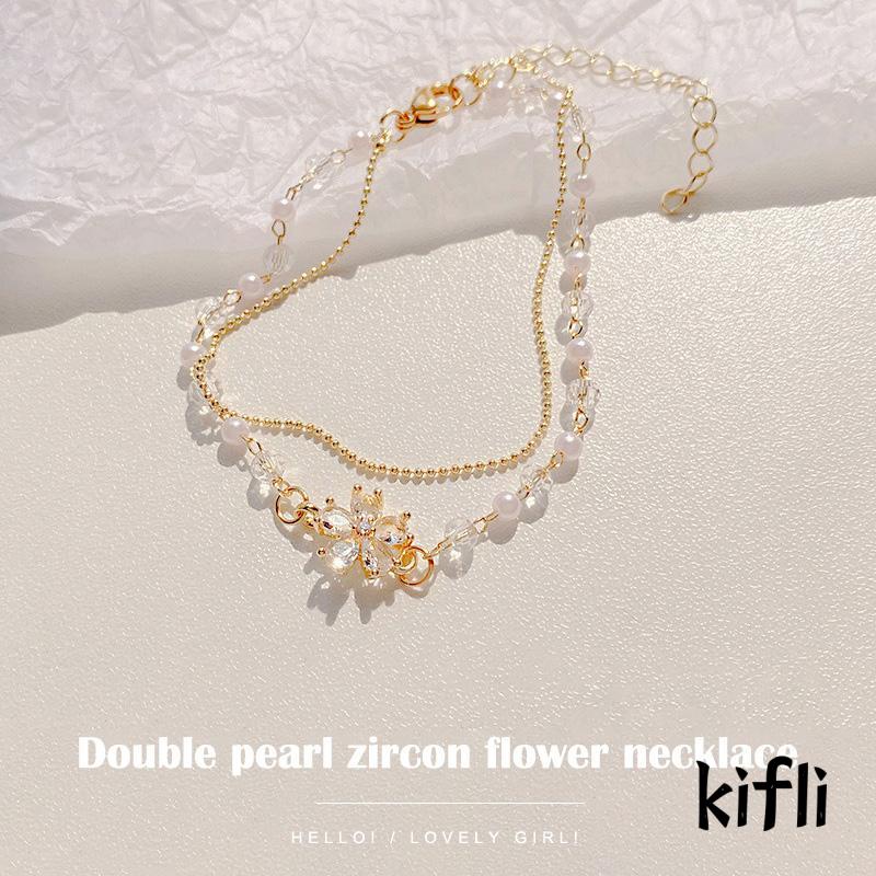 【kifli】Gelang Tangan Rantai Baja Lapis Ganda Aksen Bunga + Mutiara + Zircon Untuk Wanita