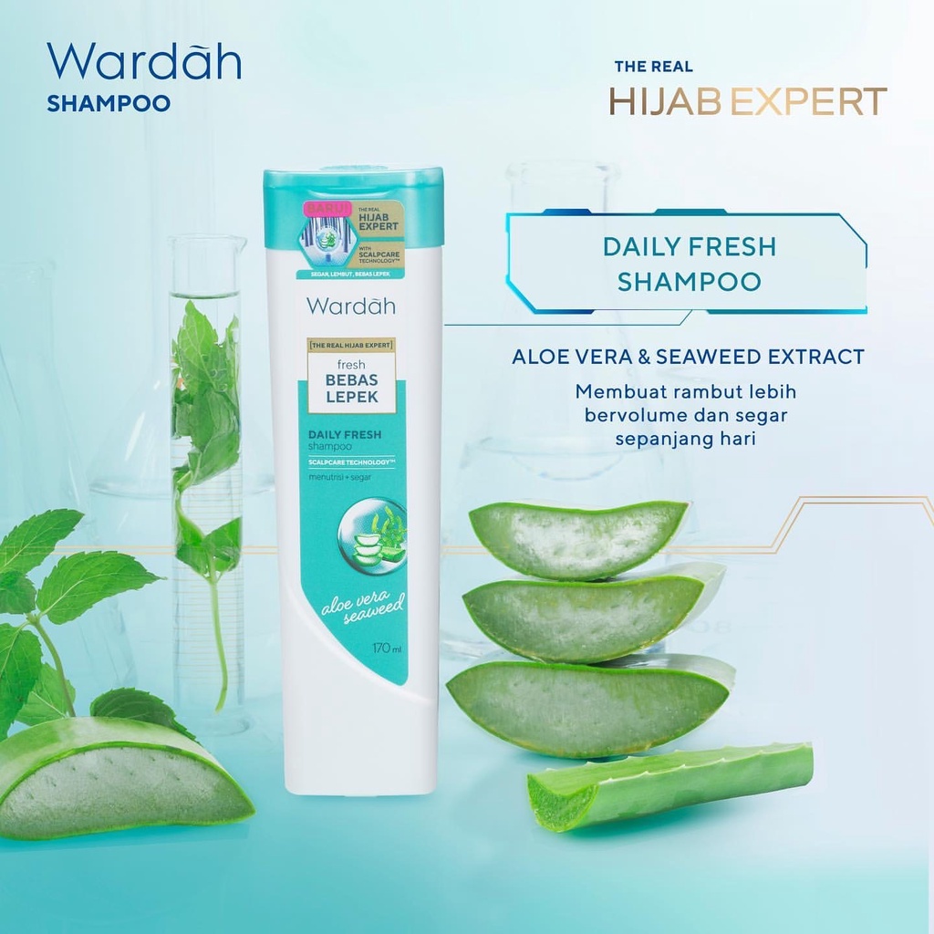 WARDAH Daily Fresh Shampoo Indonesia / Sampo Rambut 170ml / The Real Hijab Expert / Fresh Bebas Lepek / Scalpcare Technology / Menutrisi &amp; Segar / Aloe Vera Seaweed / Skincare Hair Care Conditioner Kondisioner Anti Dandruff Hairfall Treatment Nutri Shine