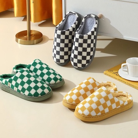 SANDAL RUMAH KOREA BULU SLIP ON CHECKERED BOARD