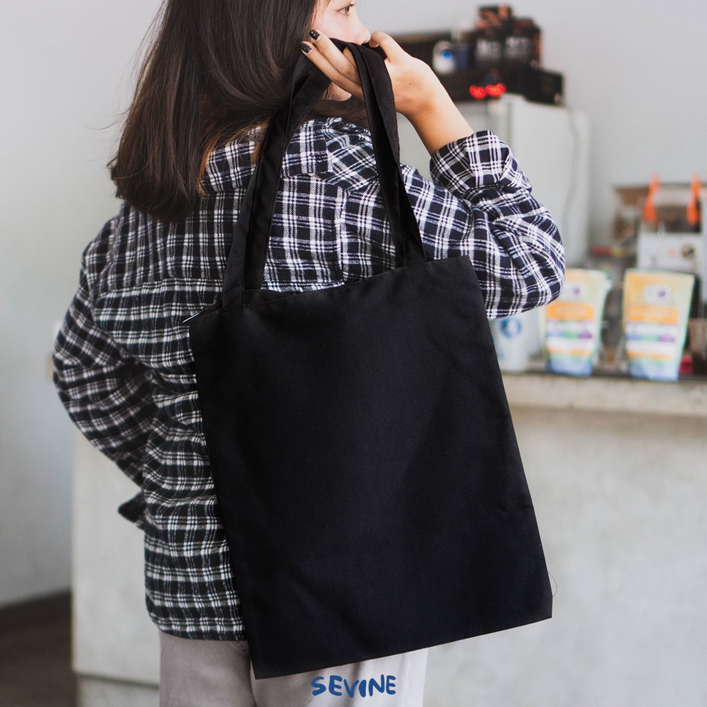 Sevine Totebag Sablon Tas Fashion Wanita Tote Bag Resleting - Drill Hitam Polos