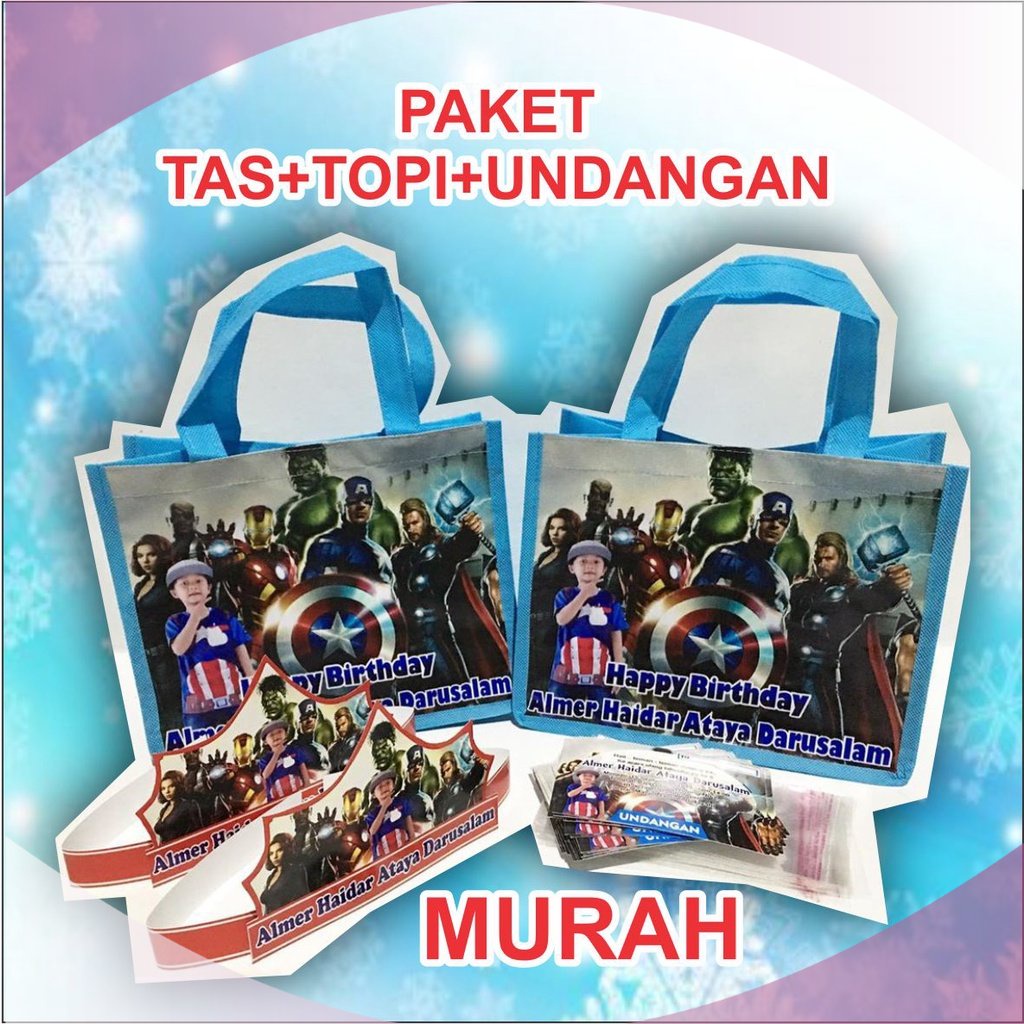 Paket Tas Ultah Murah , Topi Ultah, Undangan Anak Custom Topi Ulang Tahun