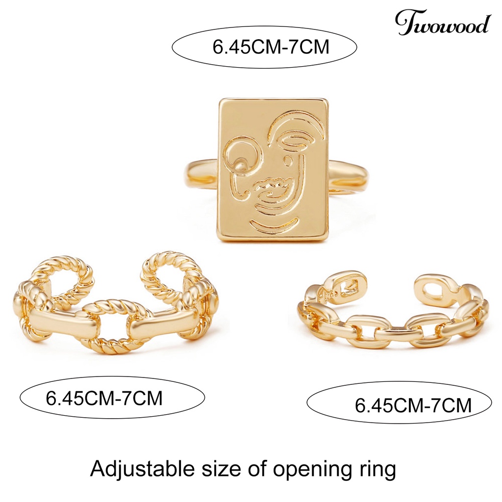 3pcs Cincin Model Rantai Twisted Terbuka Adjustable Motif Wajah Tersenyum Untuk Wanita