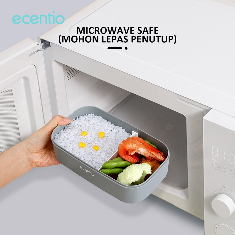 ecentio &amp; FOODI kotak makan Anti tumpah 2 susun 1600ml tempat makan anak sekolah/lunch box tepak bekal makan 2 susun portabel oval besar biru/free sendok