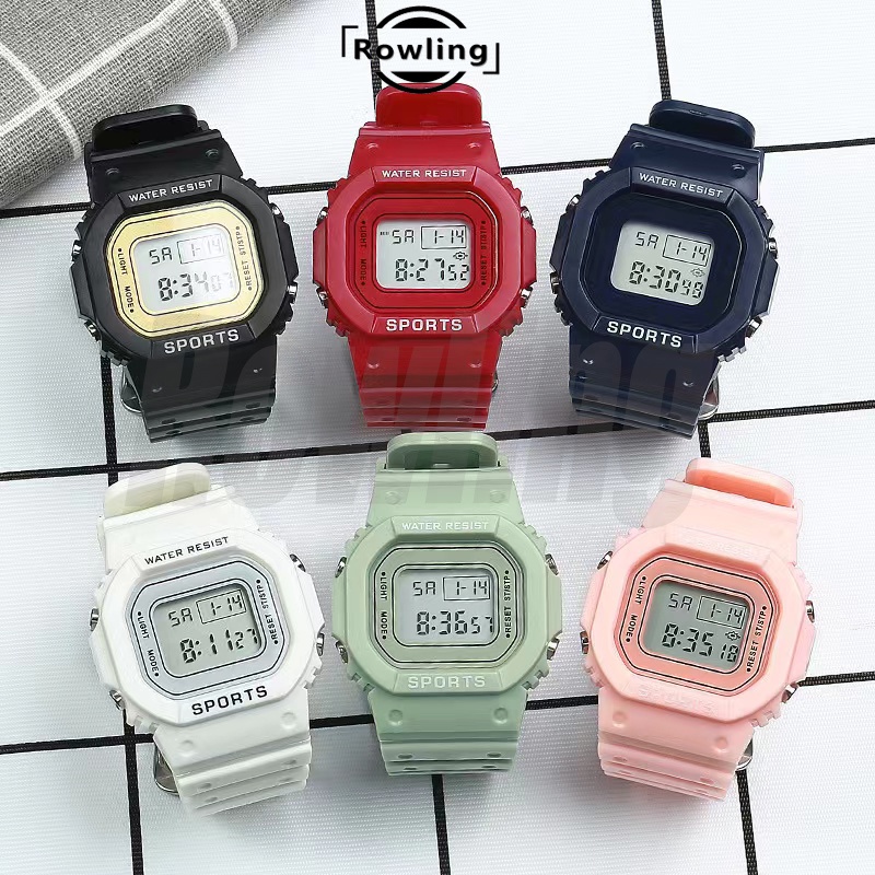 Rowling (Jam-71)  Jam Tangan Rubber Digital Sport Kotak Wanita Dan Pria Fashion Gaya Korea Unisex Import