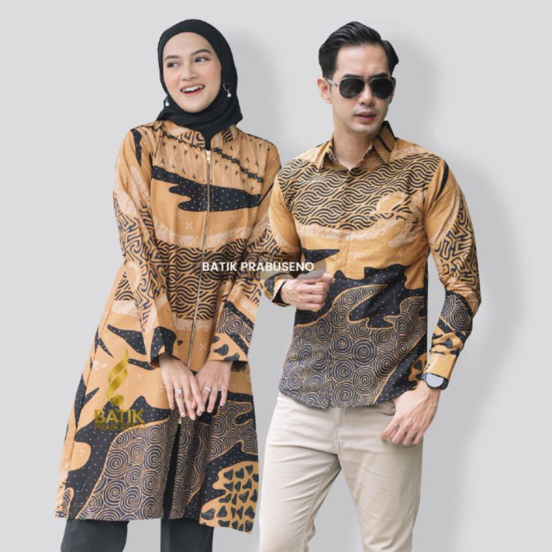 Batik Prabuseno Couple Set Gandari Kuning Atasan Tunik Wanita Dan Kemeja Pria Baju Seragam Kerja Kantoran Kondangan Pesta