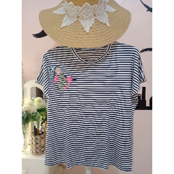Atasan zara stripe bunga bordir / atasan salur