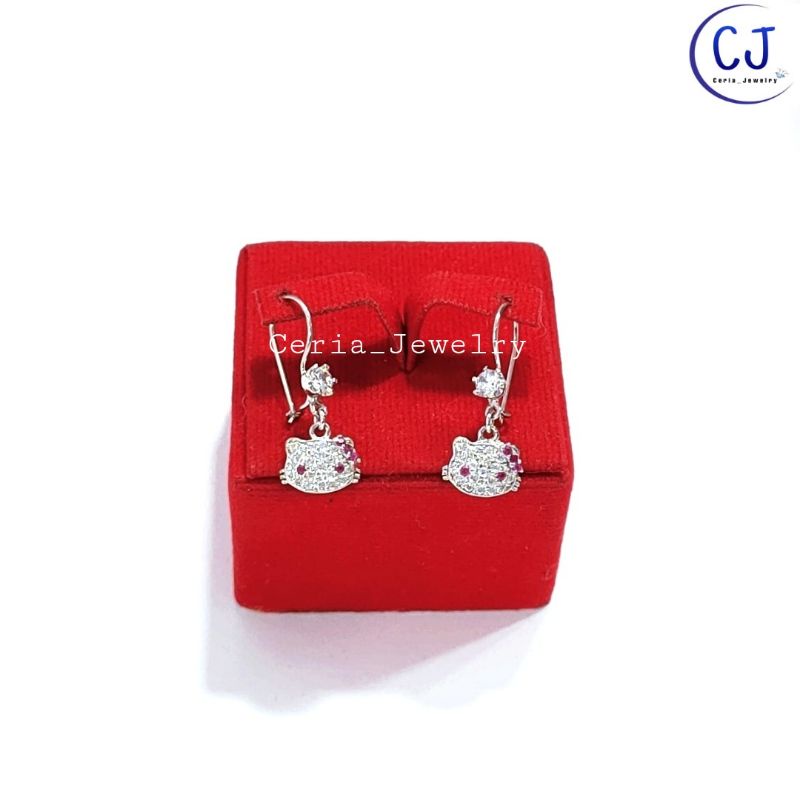 Anting Anak Perak Asli Silver 925 Lapis Emas Model Kait Gantungan Hellokitty Permata Pink - Anting Anak Anti Karat