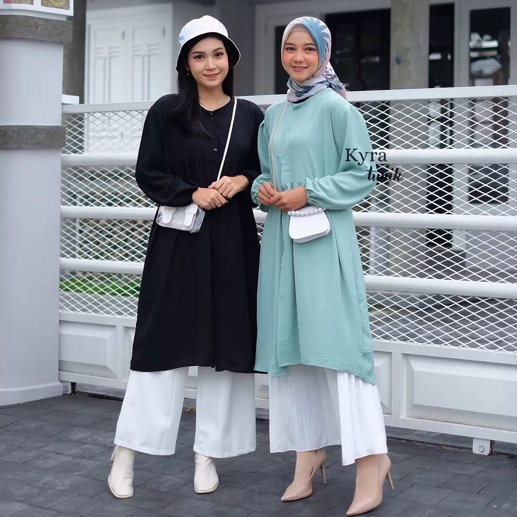 TUNIK CRINKLE AIRFLOW PUTIH POLOS KYRA CHARISSA CARISA RUFFLE PREMIUM JUMBO FULL KANCING