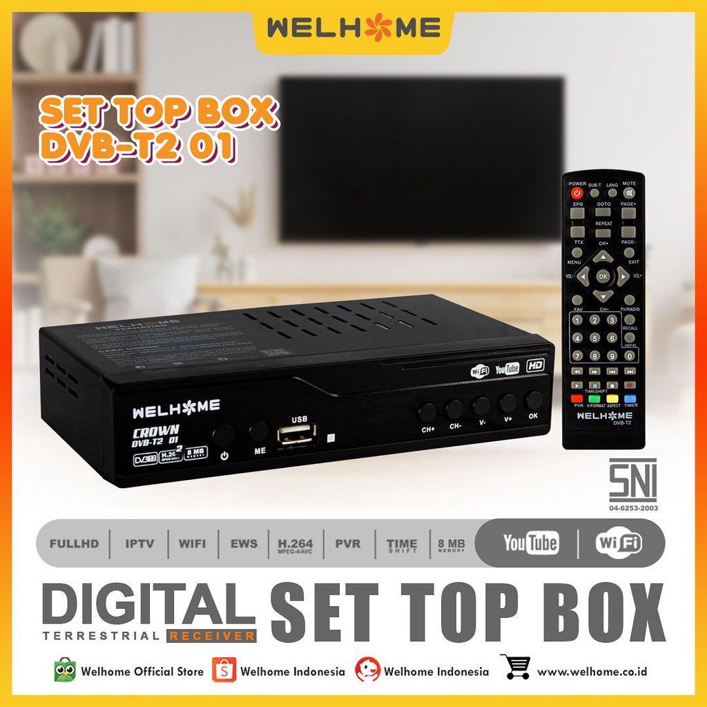 Set Top Box STB welhome Bisa Wifi Tv Receiver 8mb Memory Penerima Siaran Televisi Digital Smart Chip 1080 FHD T2-01 T2-02 T2-03 Dua Slot USB