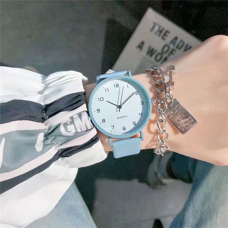 Jam Tangan Wanita Pria Analog Harajuku Casual Polos Fashion Strap Pu Leather