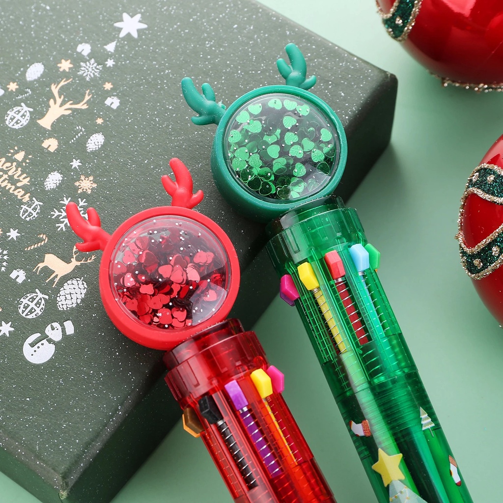 Pulpen 10 Warna Motif Kartun Santa Claus Pohon Natal Rusa Untuk Hadiah