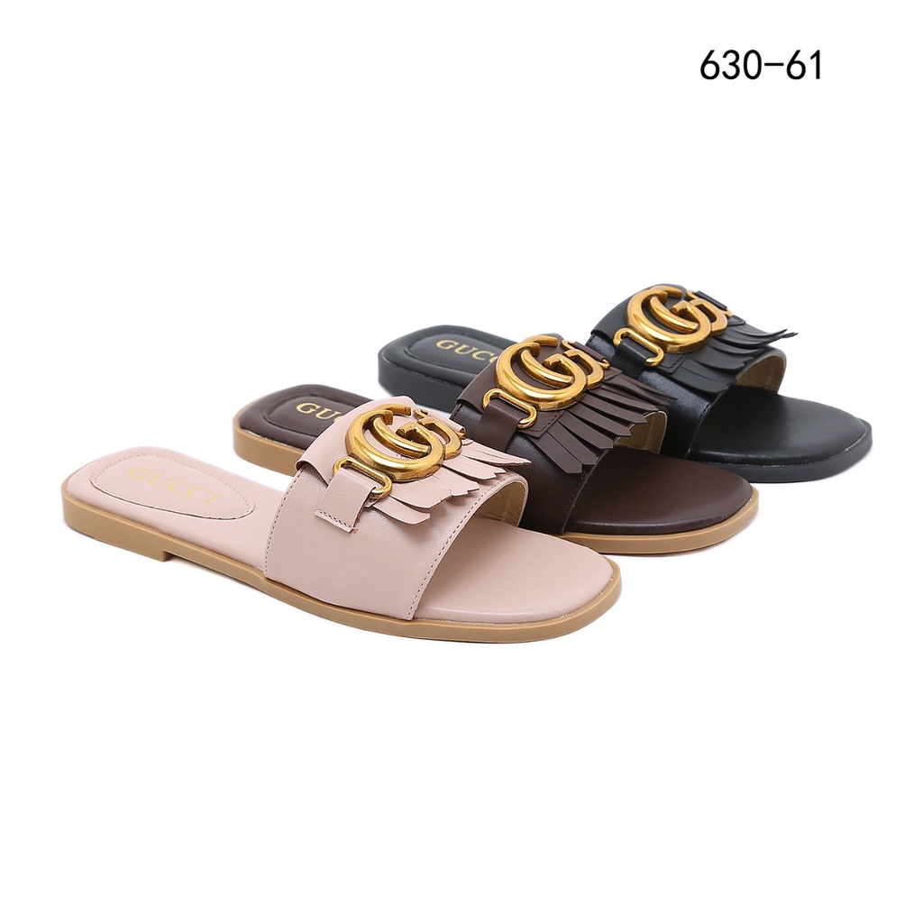 GC Fringe Leather Double-G Slide Sandals 630-61